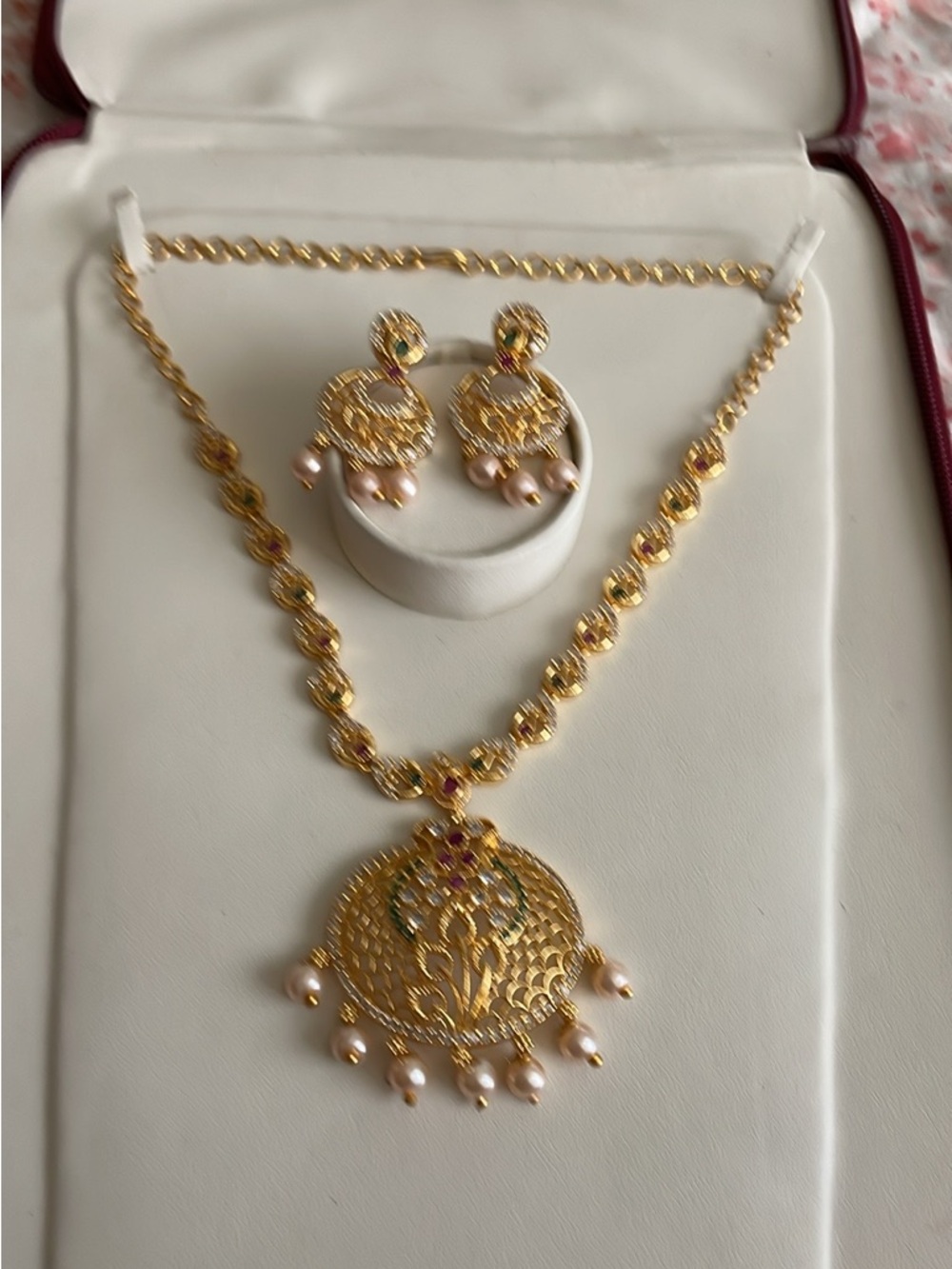 Gold-Tone Floral Pendant Necklace and Earrings Set with Pink Pearls